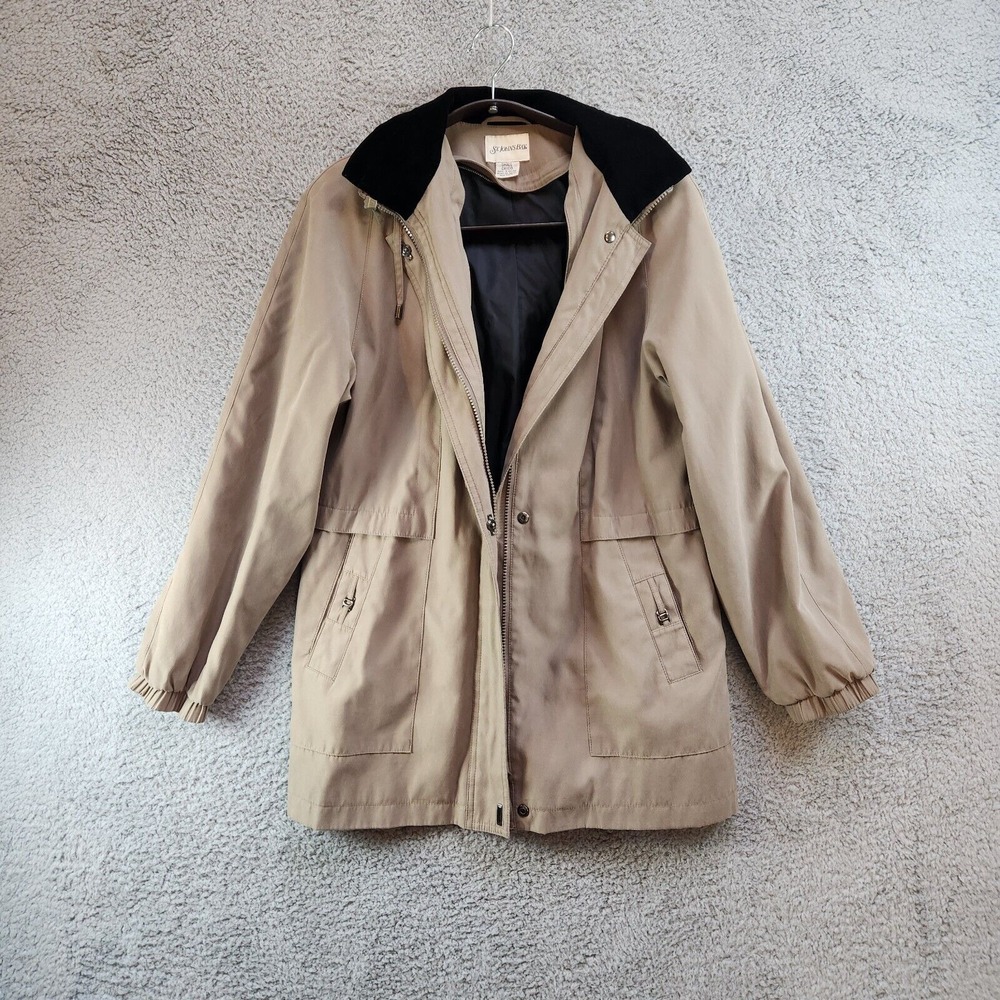 St.‎ John's Bay Chico Coat Women's Small Beige Hooded Pockets Snap Full Zip